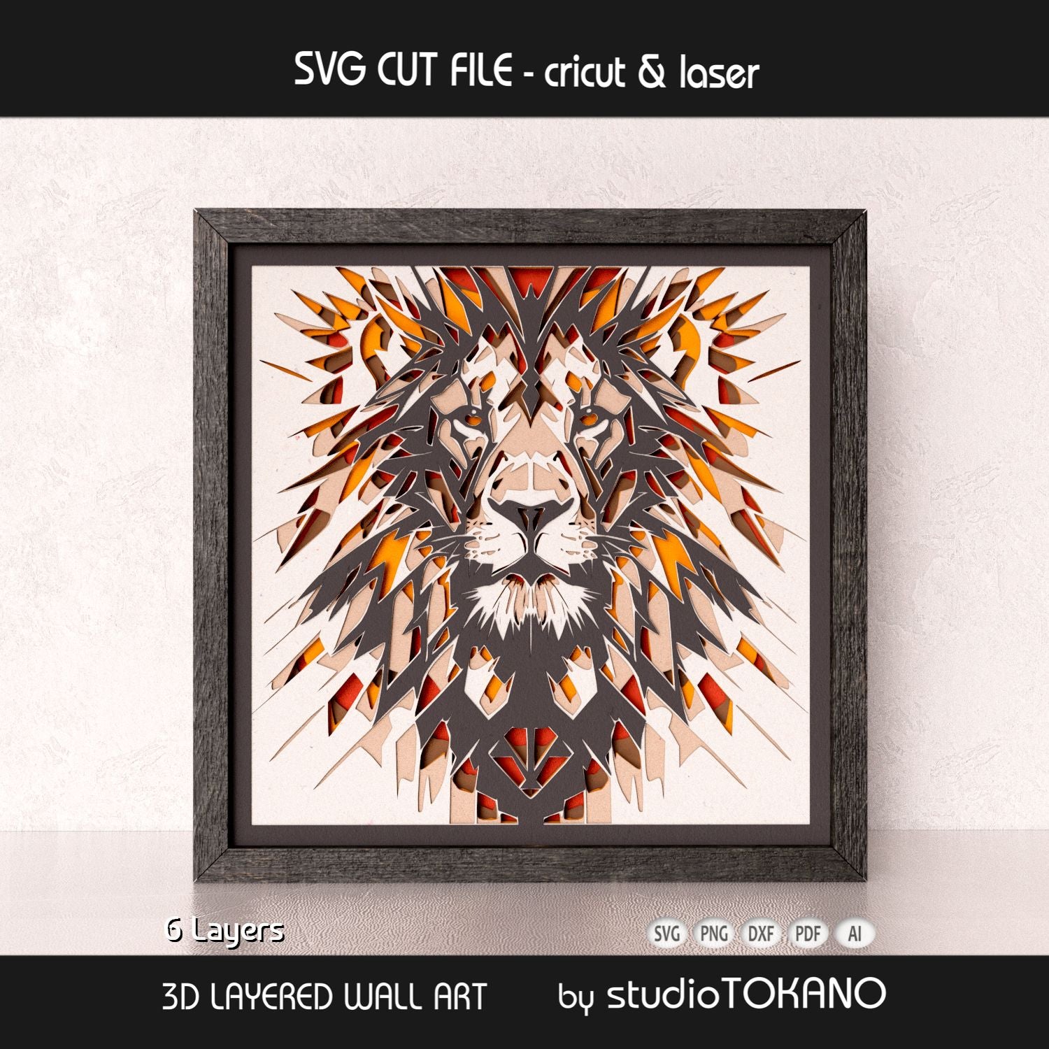 Framed lion layered wall art shown as a bold geometric animal portrait with strong 3D cardstock depth.