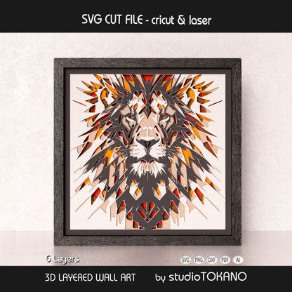 Framed lion layered wall art shown as a bold geometric animal portrait with strong 3D cardstock depth.