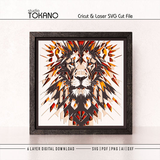 Framed lion layered wall art shown as a bold geometric animal portrait with strong 3D cardstock depth.