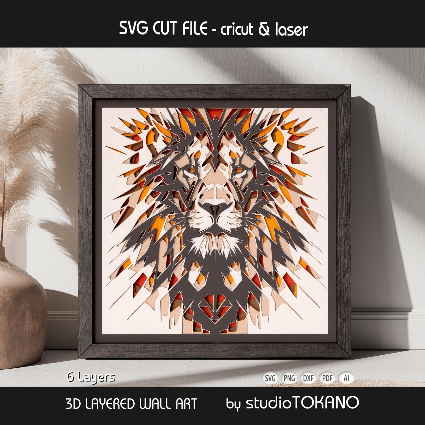 Lion shadow box SVG shown as dramatic wildlife wall decor for Cricut, Silhouette, Glowforge, and xTool projects.
