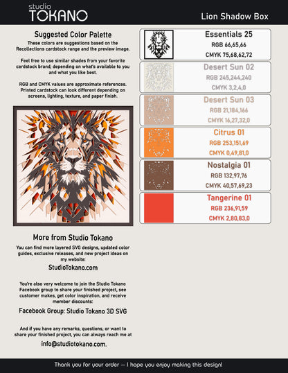 Lion shadow box SVG layer guide showing the separate papercut layers and color arrangement for Cricut and laser cut assembly.