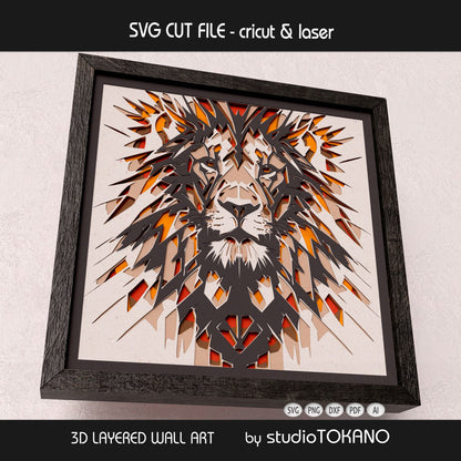 Side-angle view of the lion shadow box SVG showing clean cut edges, layered cardstock depth, and geometric papercut detail.