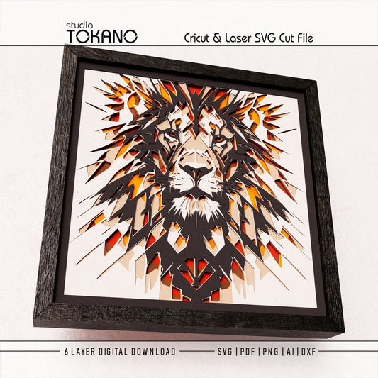 Side-angle view of the lion shadow box SVG showing clean cut edges, layered cardstock depth, and geometric papercut detail.