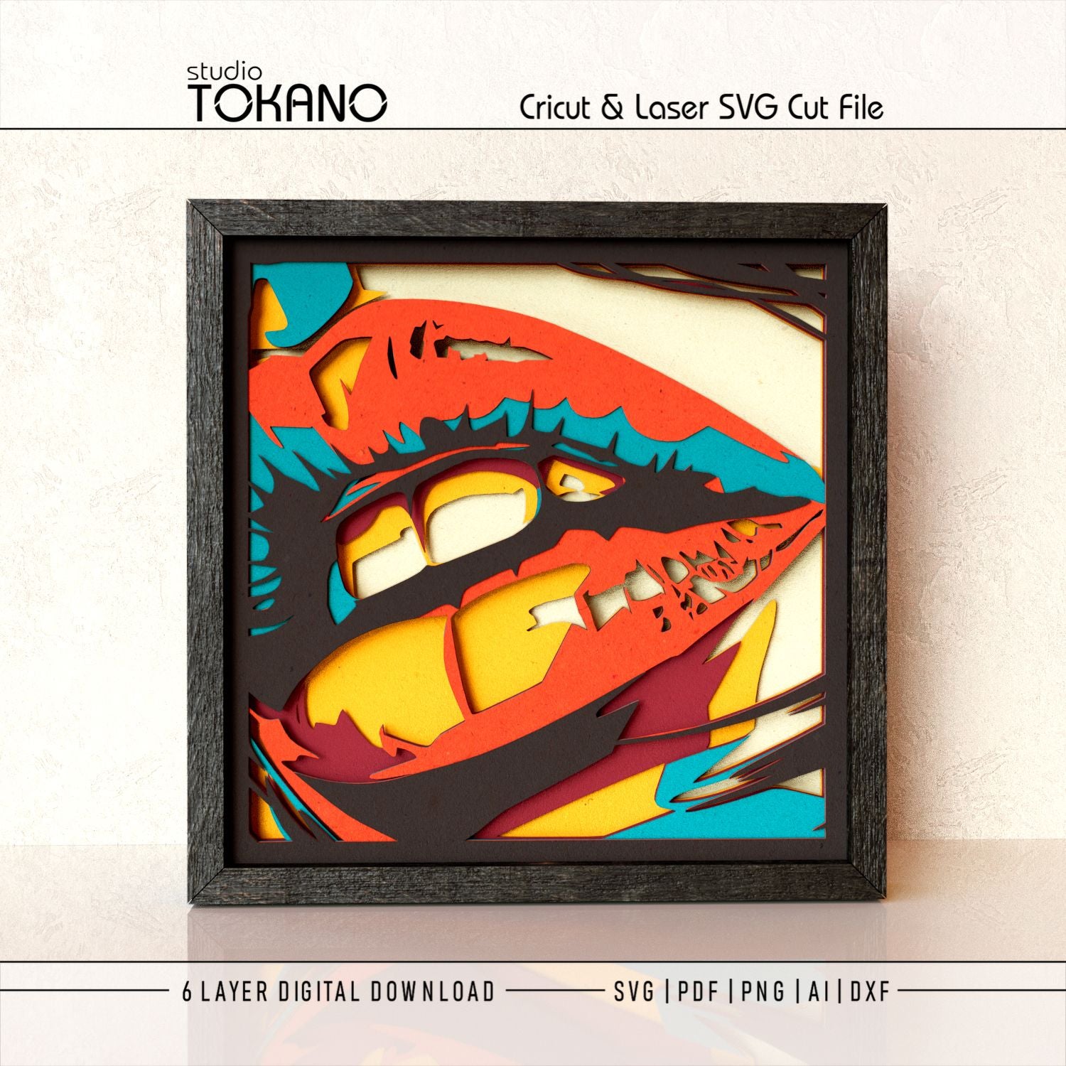 Lips 3D layered SVG cut file shown as framed pop art wall decor for Cricut, Silhouette, and laser paper cutting.