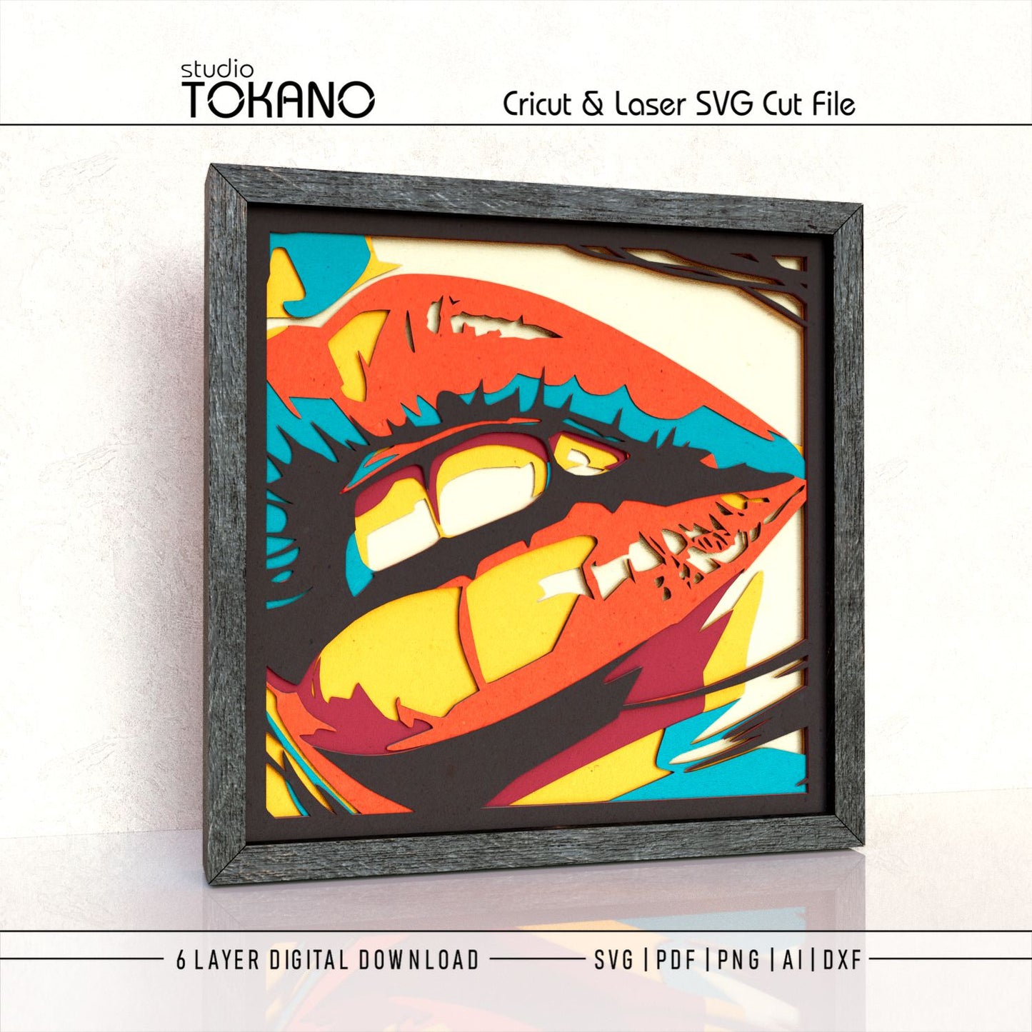 Framed lips layered papercut design with bold red lips, bright color accents, and strong 3D cardstock depth for Cricut projects.