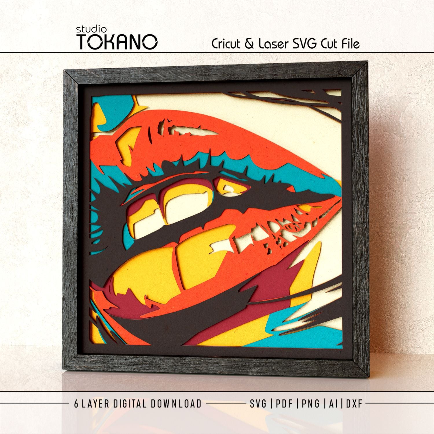 Lips shadow box SVG displayed as framed 6-layer pop art wall art in bright cardstock colors for Cricut and laser cutting.