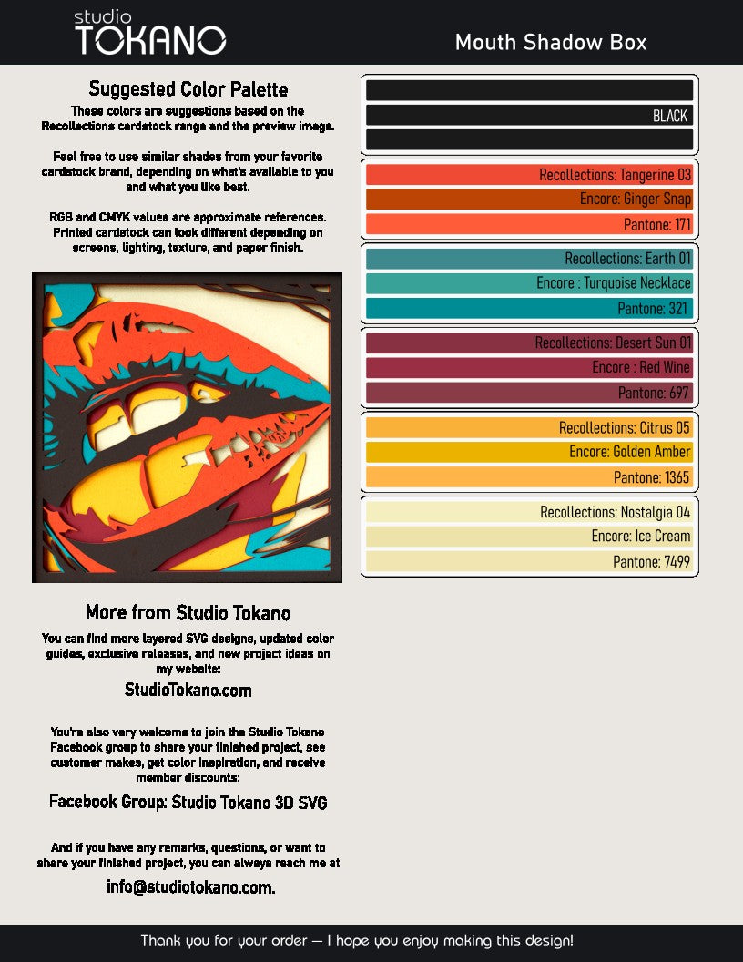 Lips shadow box SVG layer guide showing the separate papercut layers and color arrangement for Cricut and laser cut assembly.