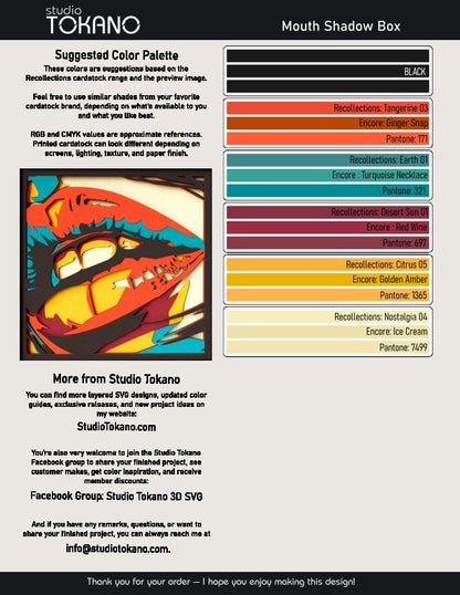Lips shadow box SVG layer guide showing the separate papercut layers and color arrangement for Cricut and laser cut assembly.