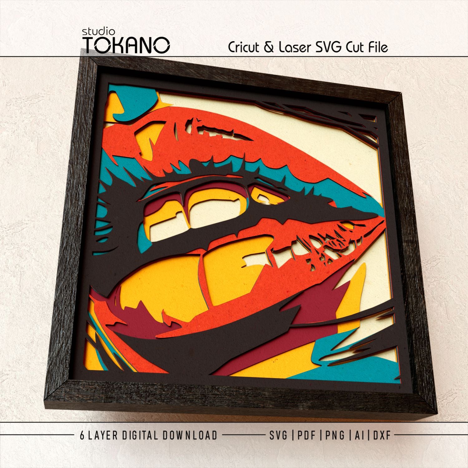 Side-angle view of the lips shadow box SVG showing dimensional paper depth, clean cut edges, and layered wall art detail.