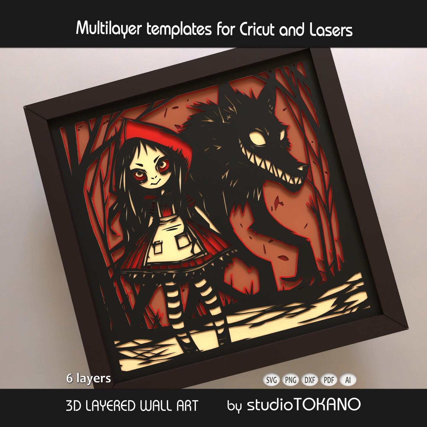 Side-angle view of the Little Red Riding Hood shadow box SVG highlighting the 3D depth, clean cut edges, and gothic fairytale design.