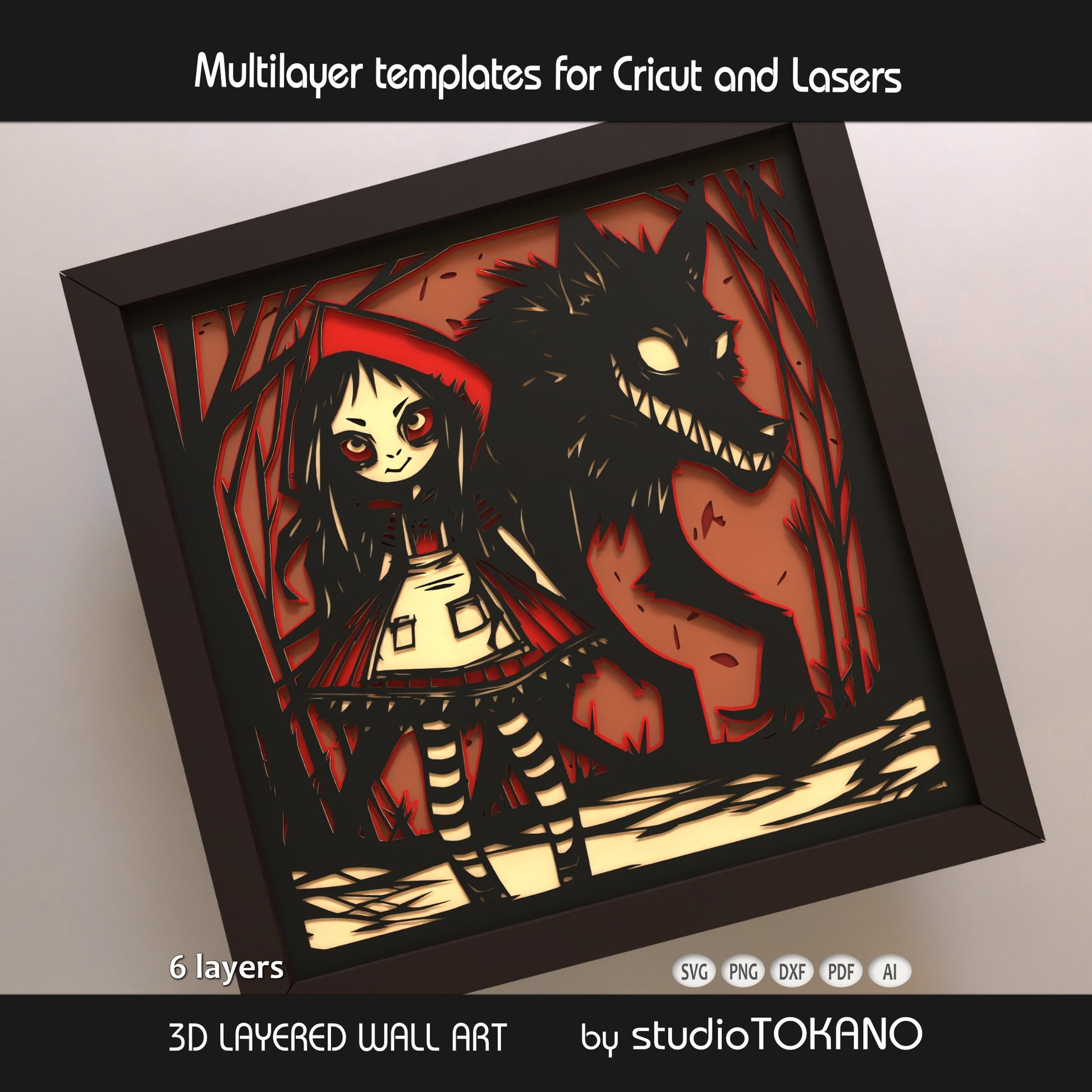 Side-angle view of the Little Red Riding Hood shadow box SVG highlighting the 3D depth, clean cut edges, and gothic fairytale design.