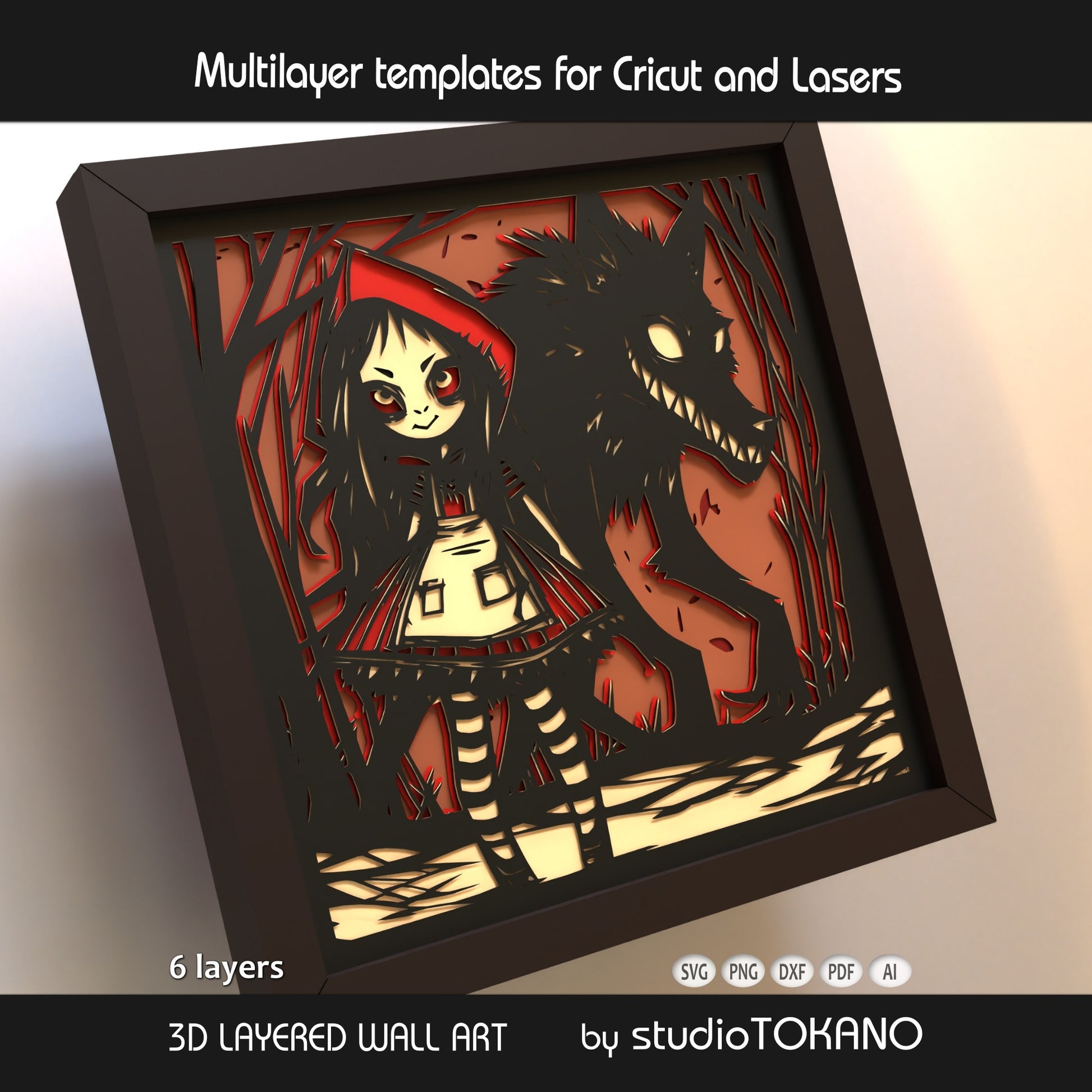 Little Red Riding Hood shadow box SVG shown as finished framed wall art, perfect for fairytale decor, Halloween crafts, gothic interiors, and layered paper art projects.