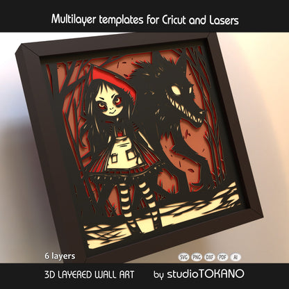 Little Red Riding Hood shadow box SVG shown as finished framed wall art, perfect for fairytale decor, Halloween crafts, gothic interiors, and layered paper art projects.