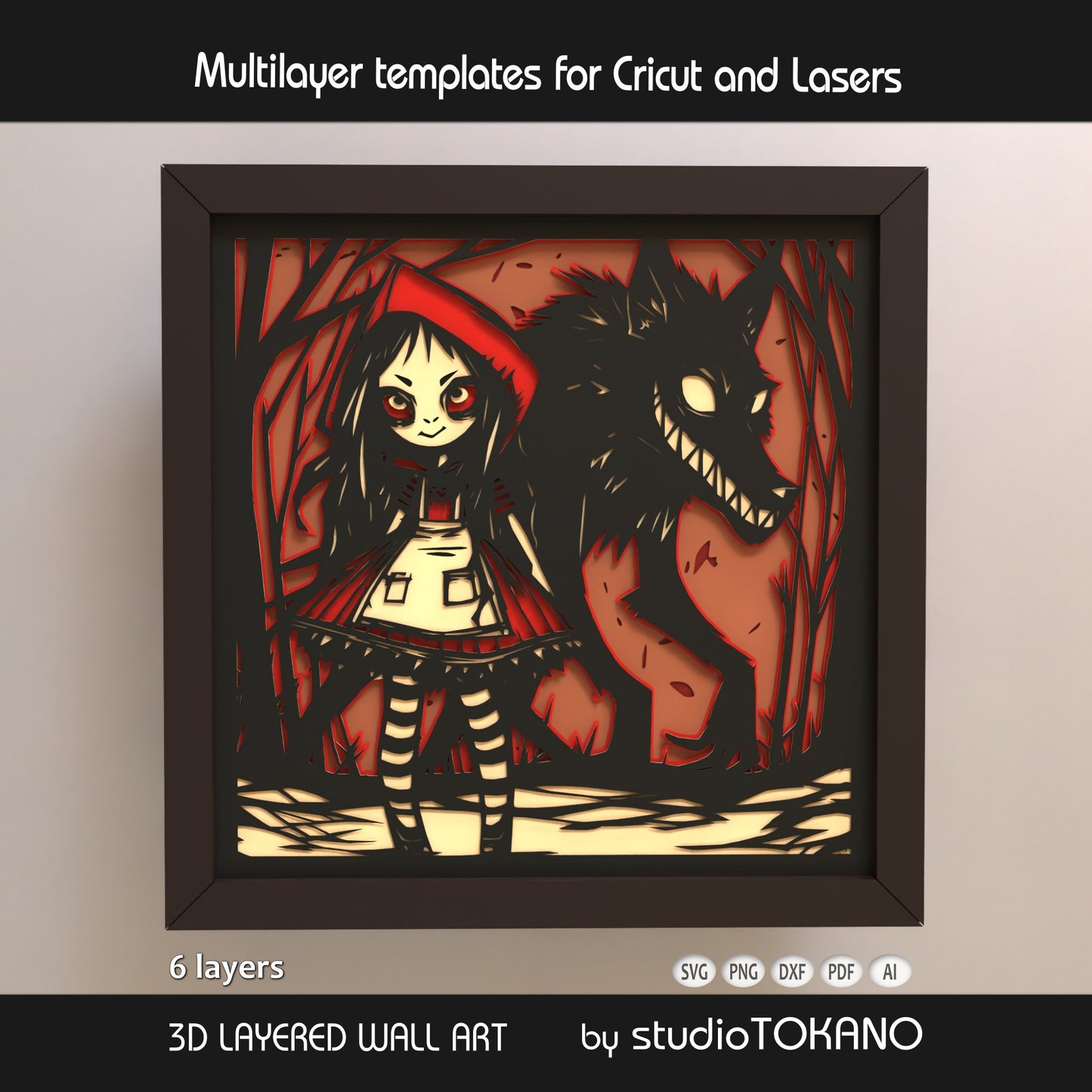 Little Red Riding Hood shadow box SVG displayed in a framed mockup, featuring layered cardstock depth, dark woodland fairytale styling, and bold red papercut details.