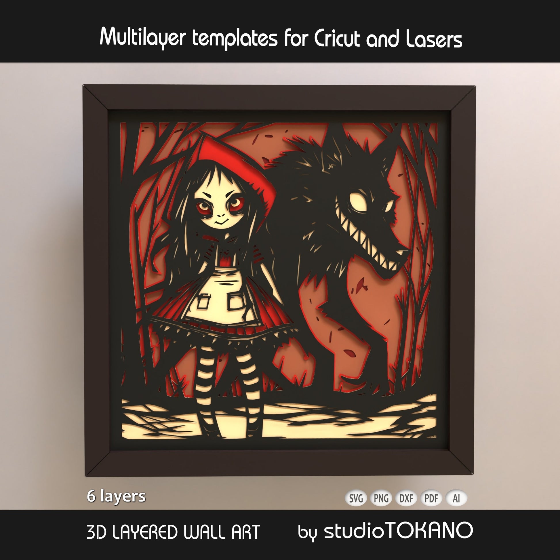 Little Red Riding Hood shadow box SVG displayed in a framed mockup, featuring layered cardstock depth, dark woodland fairytale styling, and bold red papercut details.