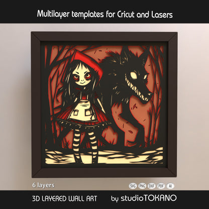 Little Red Riding Hood shadow box SVG displayed in a framed mockup, featuring layered cardstock depth, dark woodland fairytale styling, and bold red papercut details.