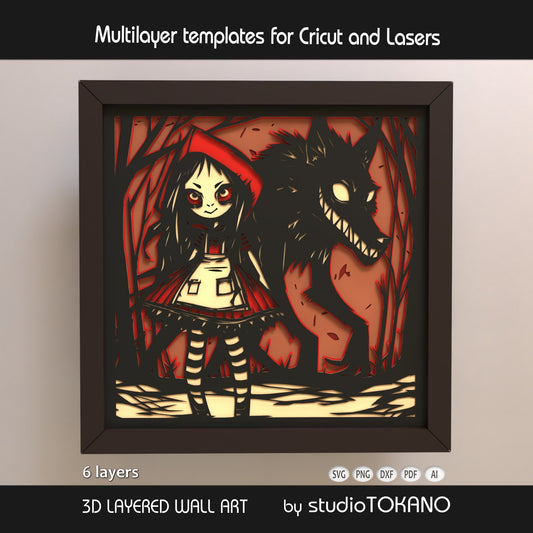 Little Red Riding Hood shadow box SVG displayed in a framed mockup, featuring layered cardstock depth, dark woodland fairytale styling, and bold red papercut details.
