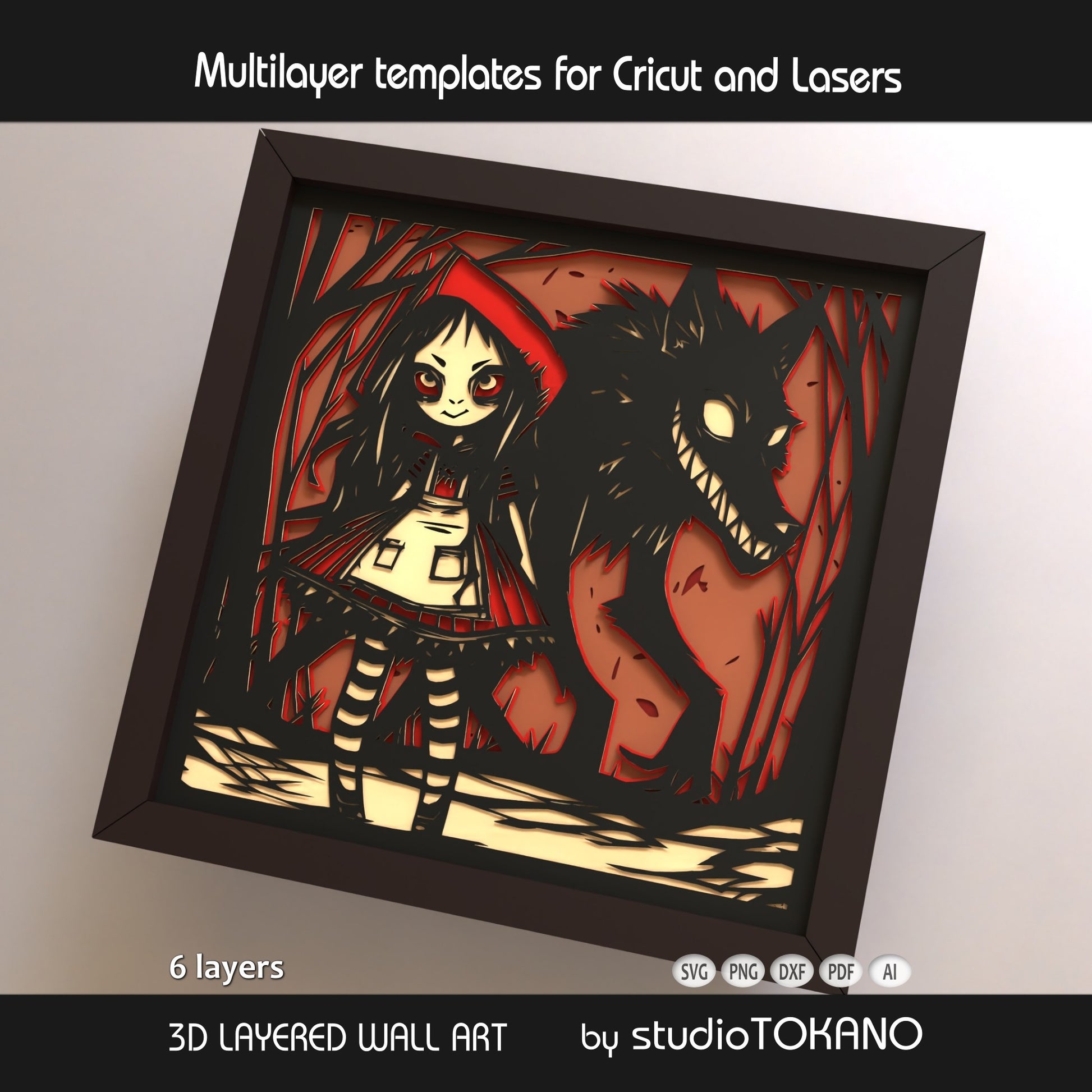 Little Red Riding Hood shadow box SVG displayed as framed 3D gothic fairytale papercut wall art in deep red and moody cardstock colors for Cricut and laser cutting.