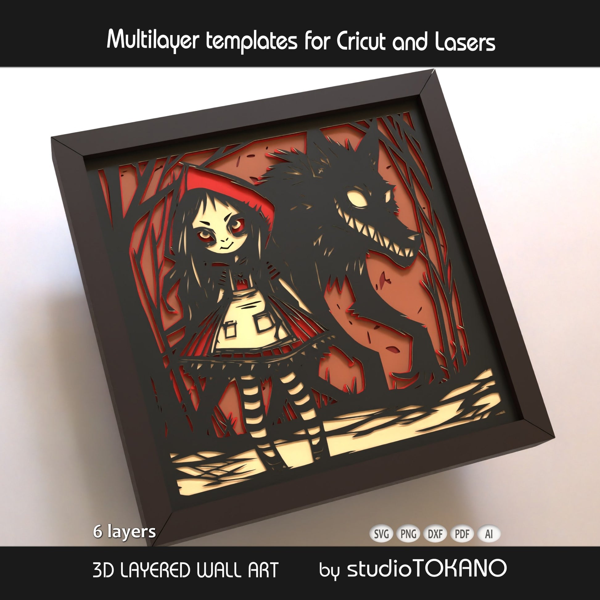 Framed Little Red Riding Hood layered papercut wall art with a dark fairytale twist, showing dimensional cardstock layers and storybook-inspired detail.