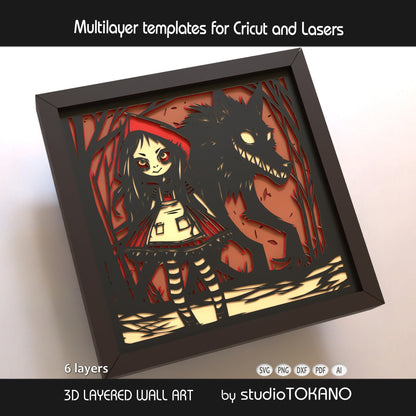 Framed Little Red Riding Hood layered papercut wall art with a dark fairytale twist, showing dimensional cardstock layers and storybook-inspired detail.
