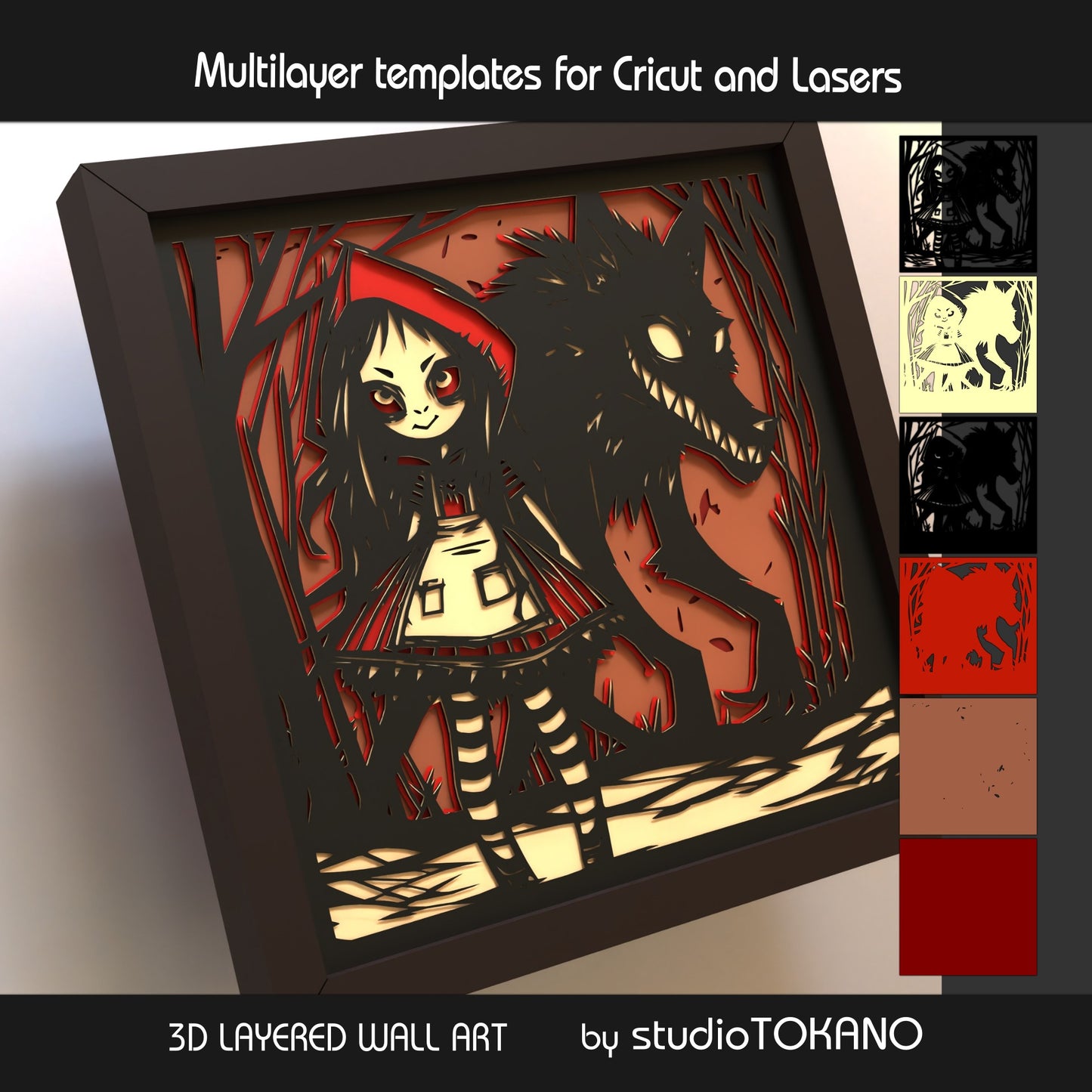 Little Red Riding Hood shadow box SVG layer guide showing the separate papercut layers and color arrangement for Cricut, Silhouette, Glowforge, and xTool assembly.