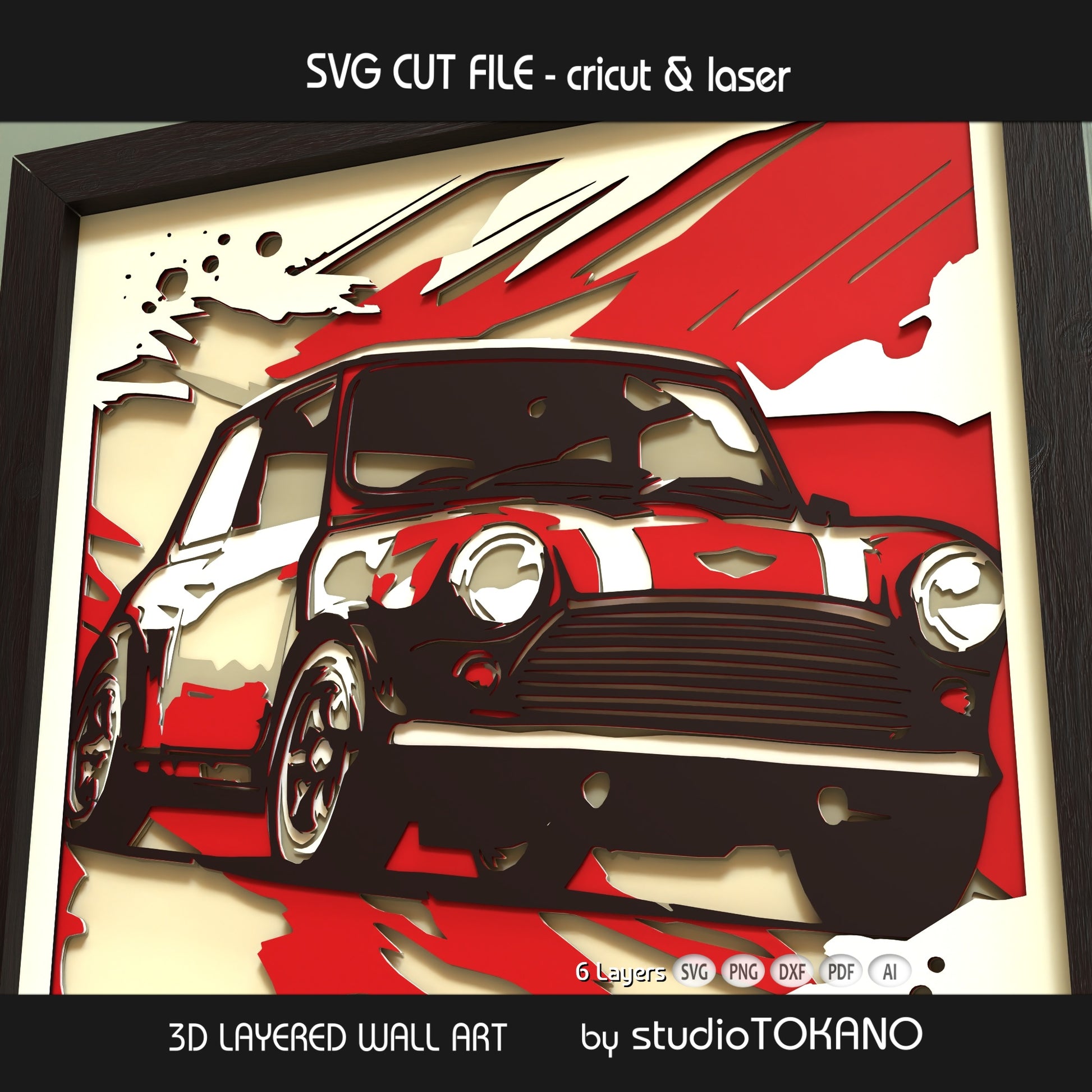 Mini Cooper shadow box SVG displayed as framed 6-layer 3D classic car papercut wall art in bold cardstock colors for Cricut and laser cutting.
