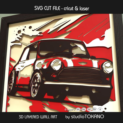 Mini Cooper shadow box SVG displayed as framed 6-layer 3D classic car papercut wall art in bold cardstock colors for Cricut and laser cutting.