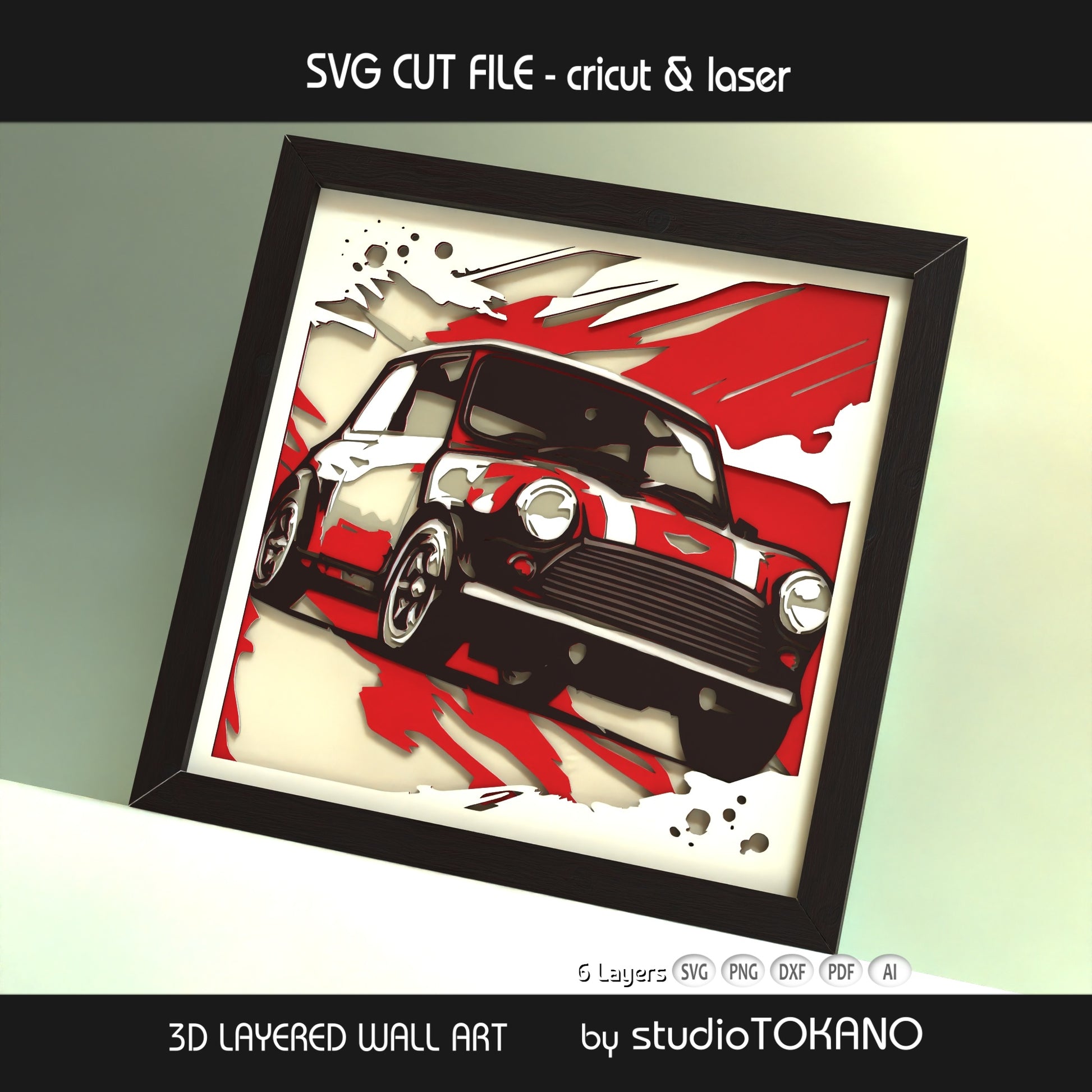 Framed Mini Cooper layered papercut wall art shown from an angled view, highlighting the 3D depth, stacked cardstock layers, and classic car design.
