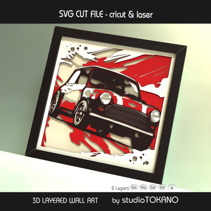 Framed Mini Cooper layered papercut wall art shown from an angled view, highlighting the 3D depth, stacked cardstock layers, and classic car design.
