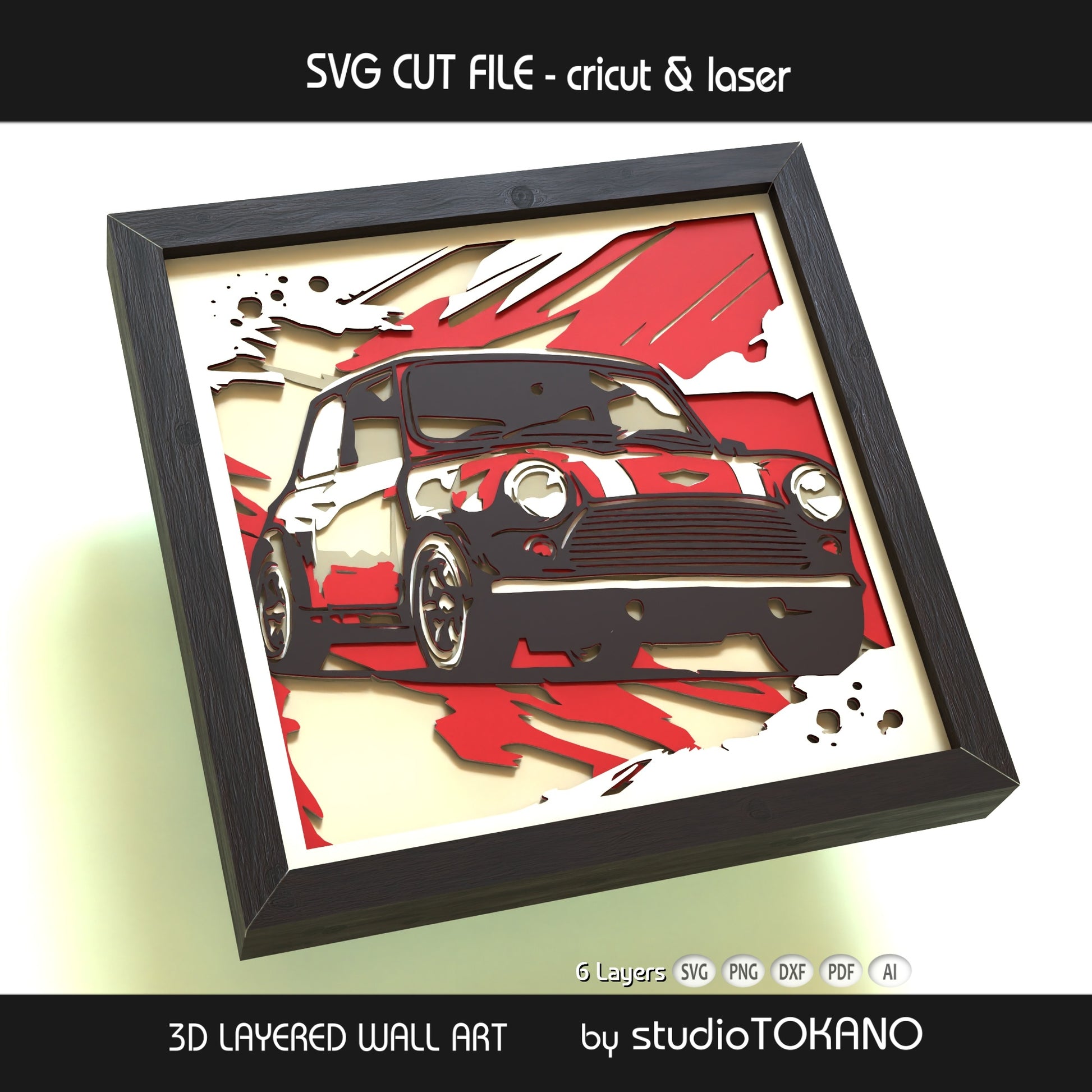 Side-angle view of the Mini Cooper shadow box SVG showing clean cut edges, dimensional cardstock layers, and bold automotive papercut detail.