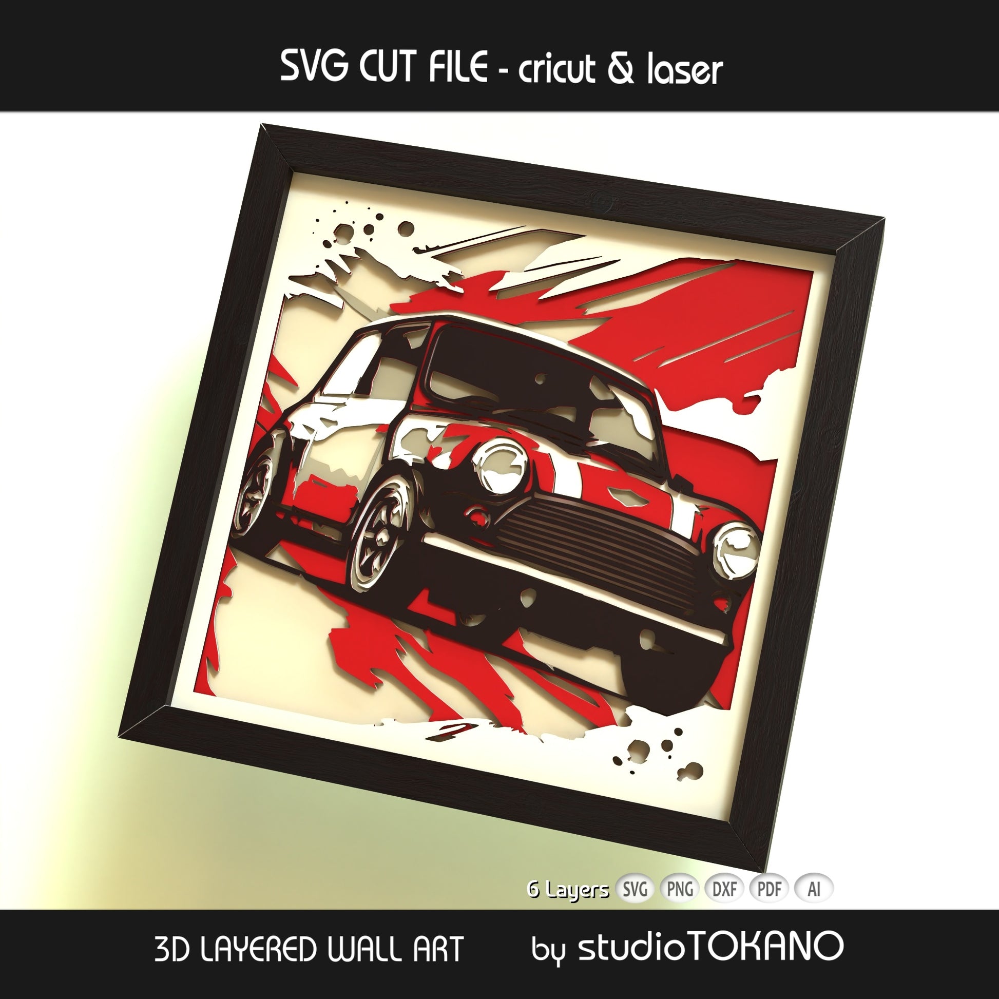 Mini Cooper 3D layered shadow box art with a graphic classic car composition, designed as a Cricut and laser cut file for car wall decor.