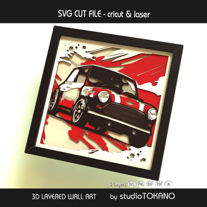 Mini Cooper 3D layered shadow box art with a graphic classic car composition, designed as a Cricut and laser cut file for car wall decor.