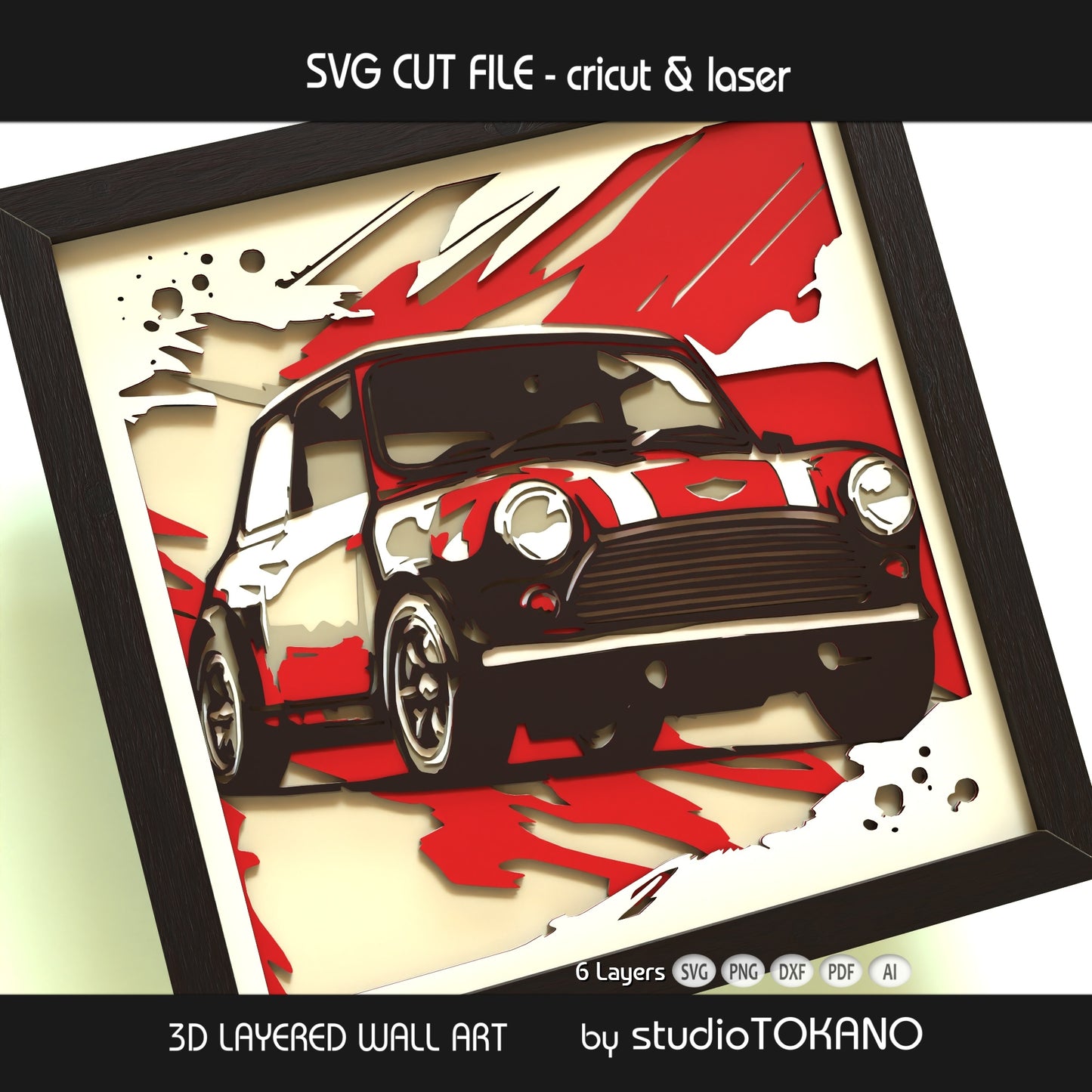 Close-up of the Mini Cooper layered SVG design showing detailed papercut shapes, stacked cardstock depth, and clean 6-layer construction.