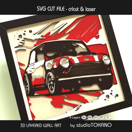 Close-up of the Mini Cooper layered SVG design showing detailed papercut shapes, stacked cardstock depth, and clean 6-layer construction.