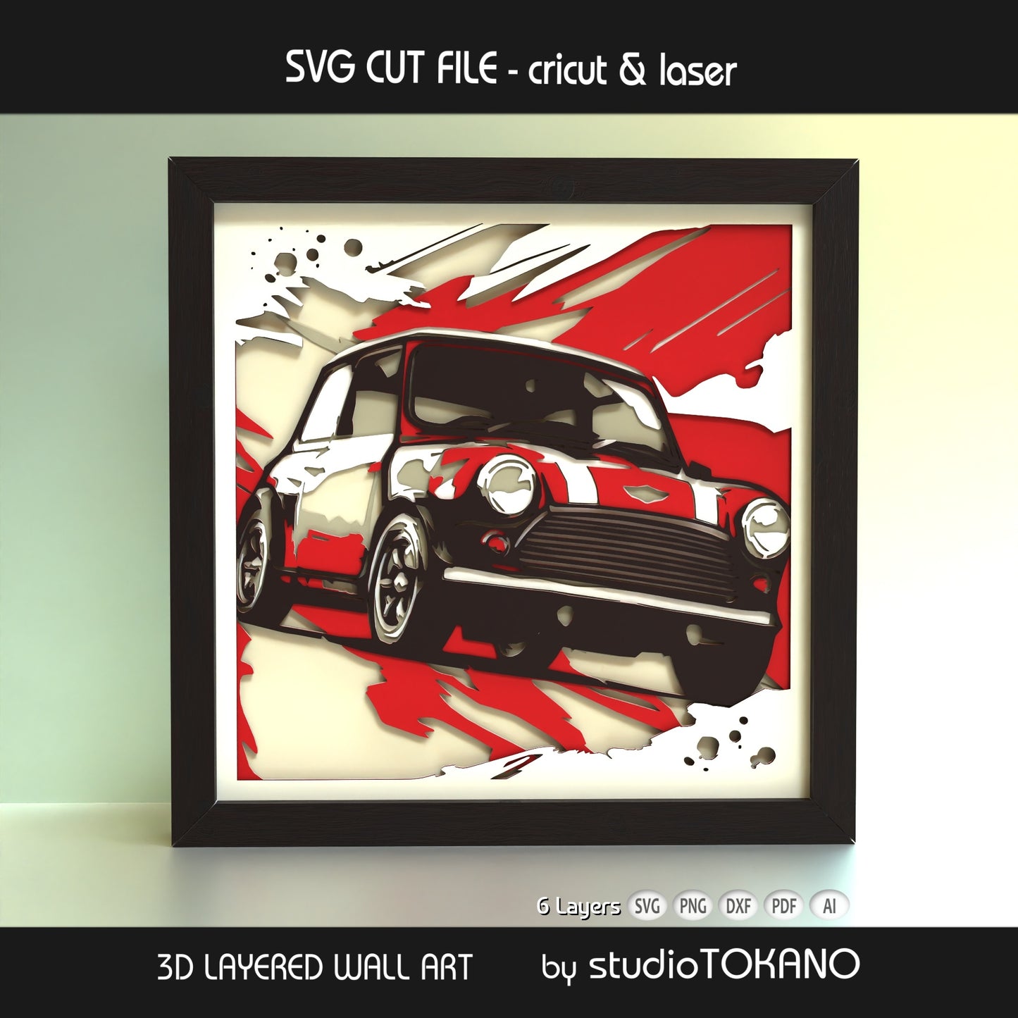 Mini Cooper shadow box SVG shown as finished framed wall art, perfect for garage decor, car lover gifts, and layered paper craft projects.