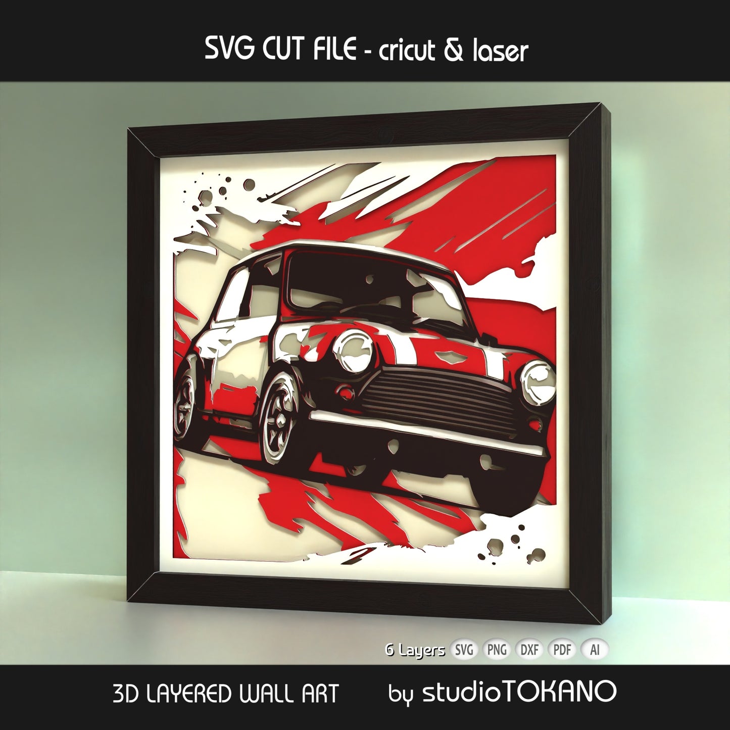 Mini Cooper papercut wall art displayed in a shadow box frame, featuring bold car details and dimensional 3D layered cardstock construction.