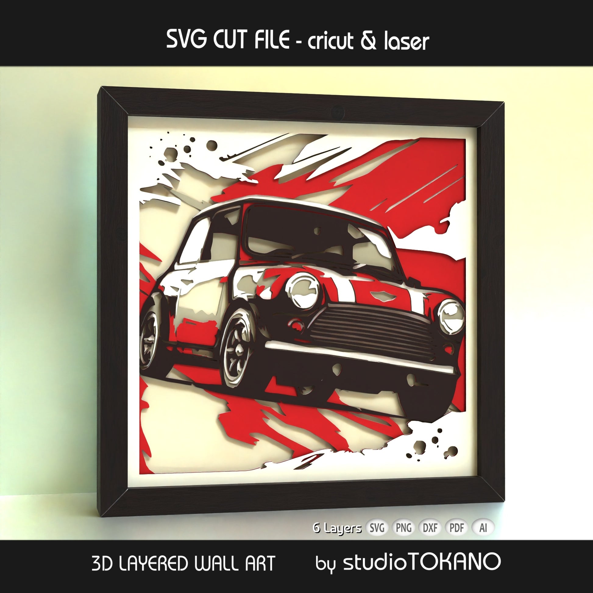 6-layer Mini Cooper shadow box SVG with classic car styling, created as a Cricut, Silhouette, Glowforge, and xTool cut file.