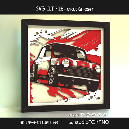 6-layer Mini Cooper shadow box SVG with classic car styling, created as a Cricut, Silhouette, Glowforge, and xTool cut file.