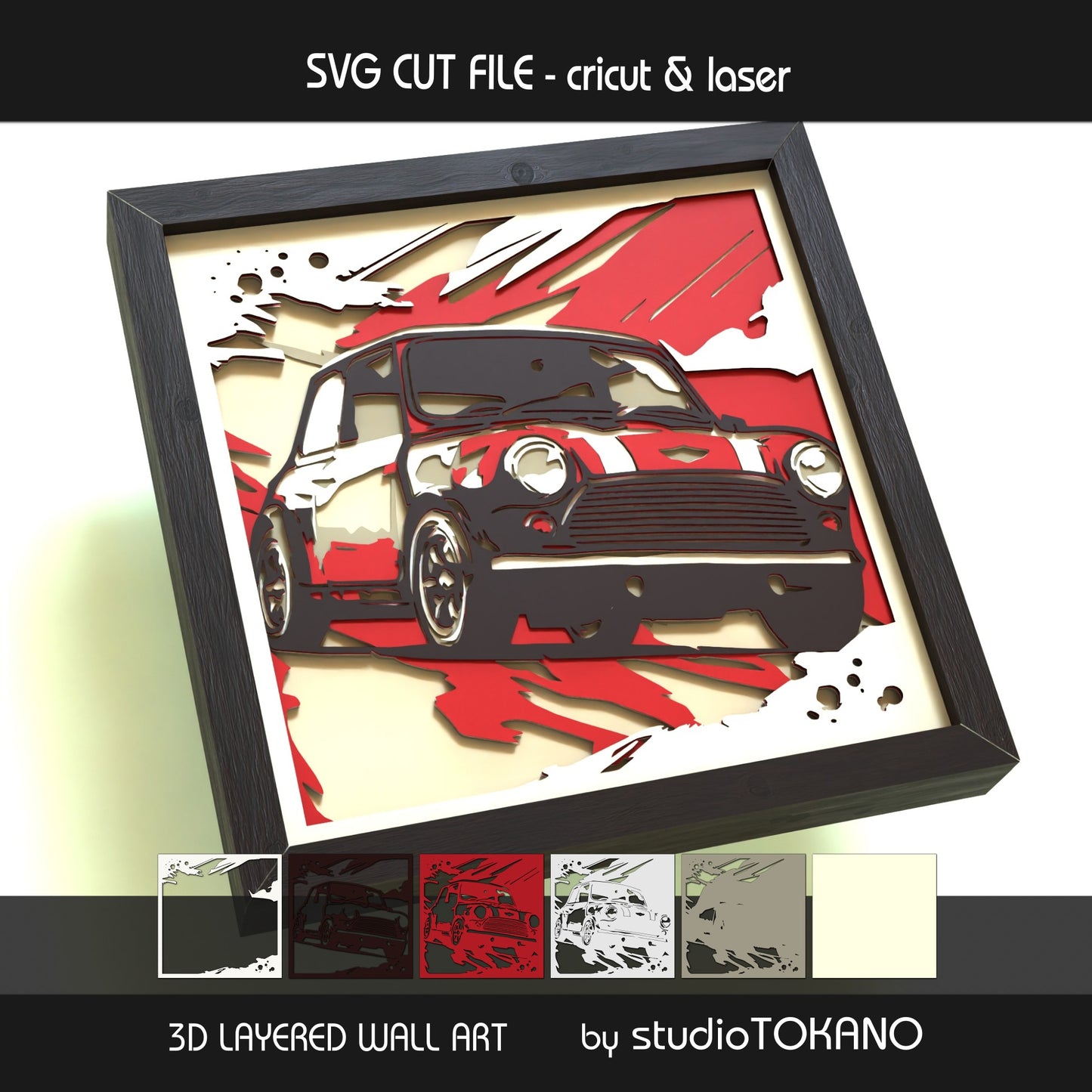 Mini Cooper layered car SVG shown in a framed mockup, with strong depth, clean cardstock layers, and a finished garage decor look.