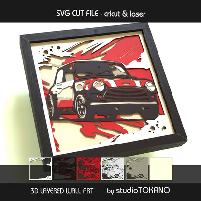 Mini Cooper layered car SVG shown in a framed mockup, with strong depth, clean cardstock layers, and a finished garage decor look.