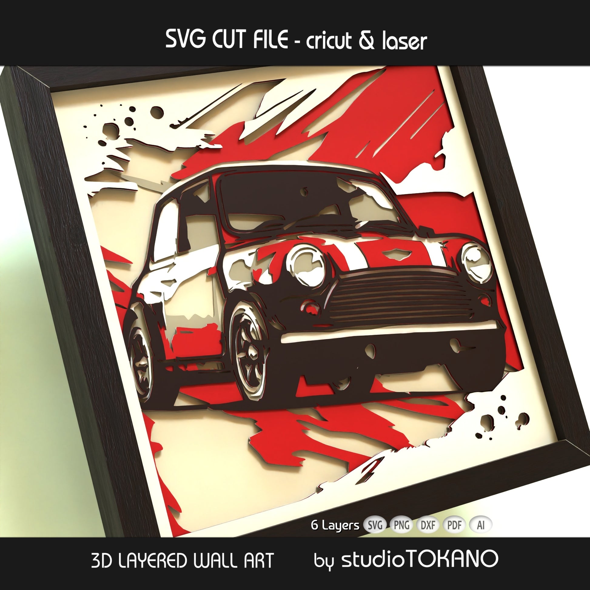 Mini Cooper shadow box SVG layer guide showing the separate papercut layers and color arrangement for Cricut and laser cut assembly.
