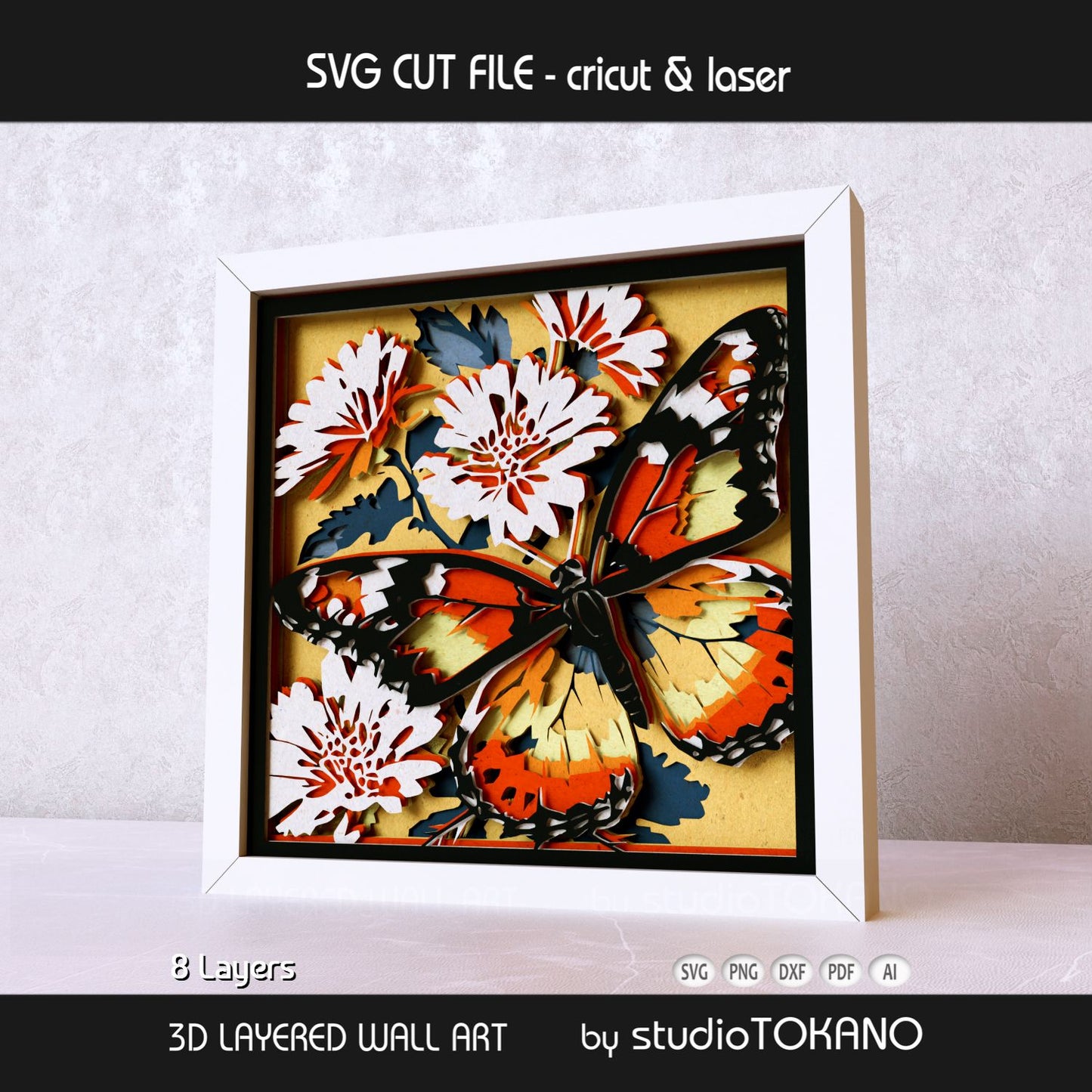 Monarch butterfly 3D layered shadow box art designed as a Cricut and laser cut file for nature-inspired wall decor.