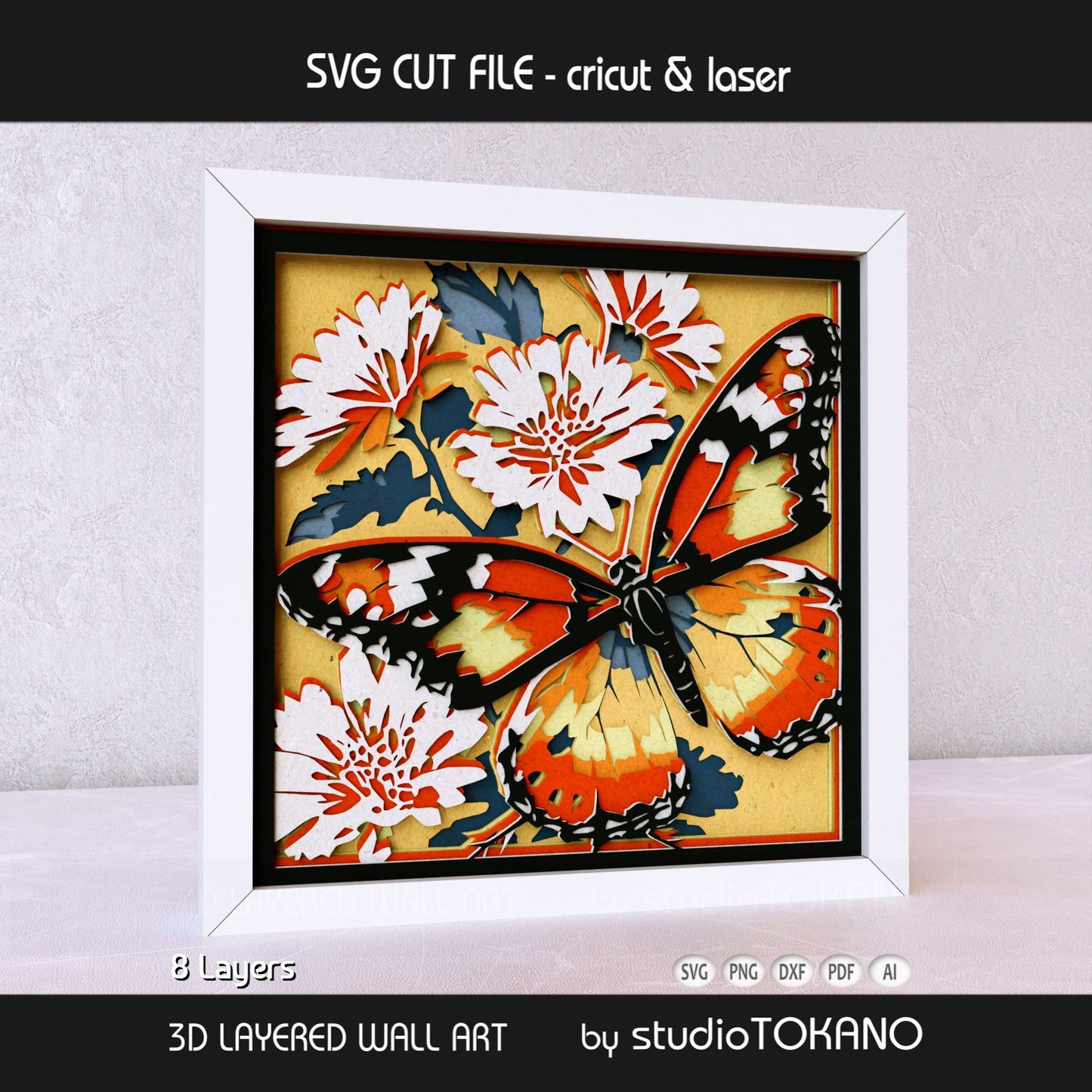 8-layer monarch butterfly shadow box SVG created as a Cricut, Silhouette, Glowforge, and xTool cut file.