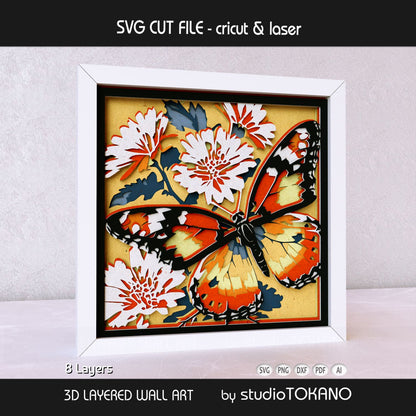 8-layer monarch butterfly shadow box SVG created as a Cricut, Silhouette, Glowforge, and xTool cut file.