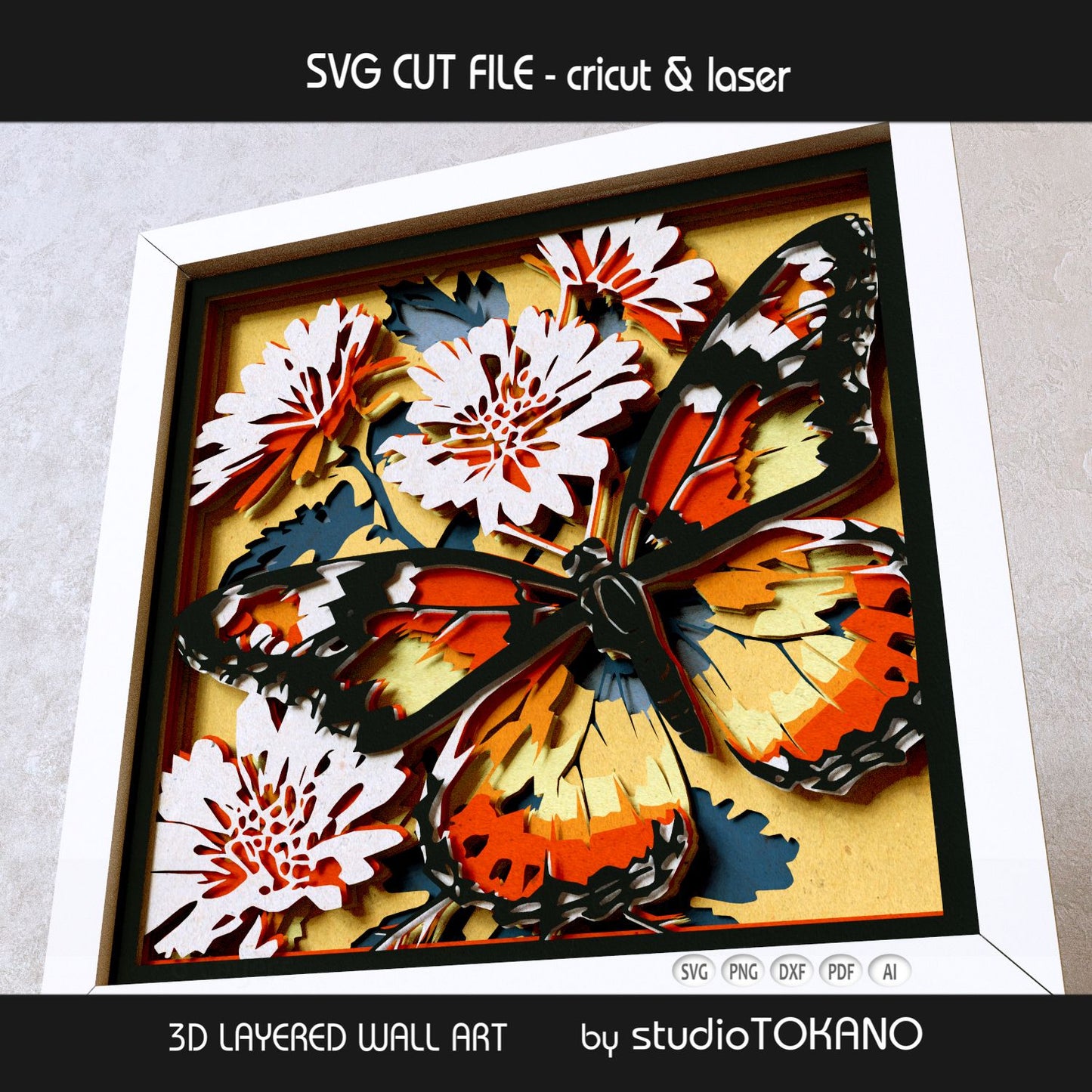 Monarch butterfly cut file displayed as dimensional floral wall art for butterfly lovers, nature decor, and handmade gift projects.