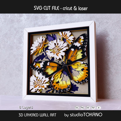 Layered monarch butterfly SVG shown in a close-up render with detailed wing shapes, flower accents, and clean 3D depth.
