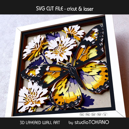 Monarch butterfly layered SVG shown in a framed mockup with strong depth, clean cardstock layers, and a finished botanical wall art look.