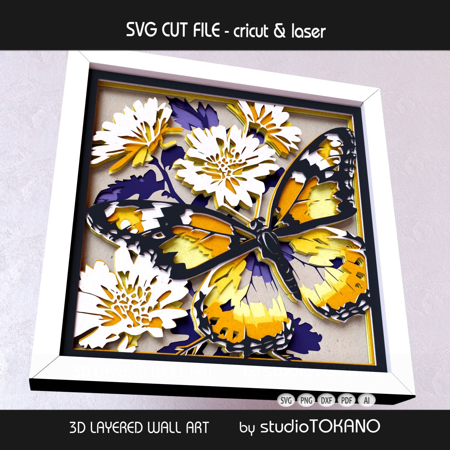 Monarch butterfly shadow box design preview showing the finished framed artwork and layered cut file structure for cardstock assembly.