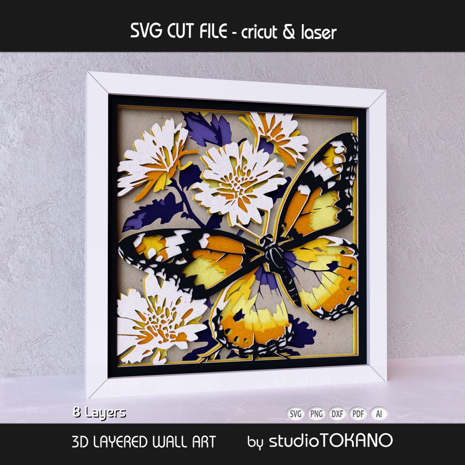 Monarch butterfly shadow box SVG shown as finished framed wall art, perfect for spring decor, butterfly gifts, and layered paper crafts.