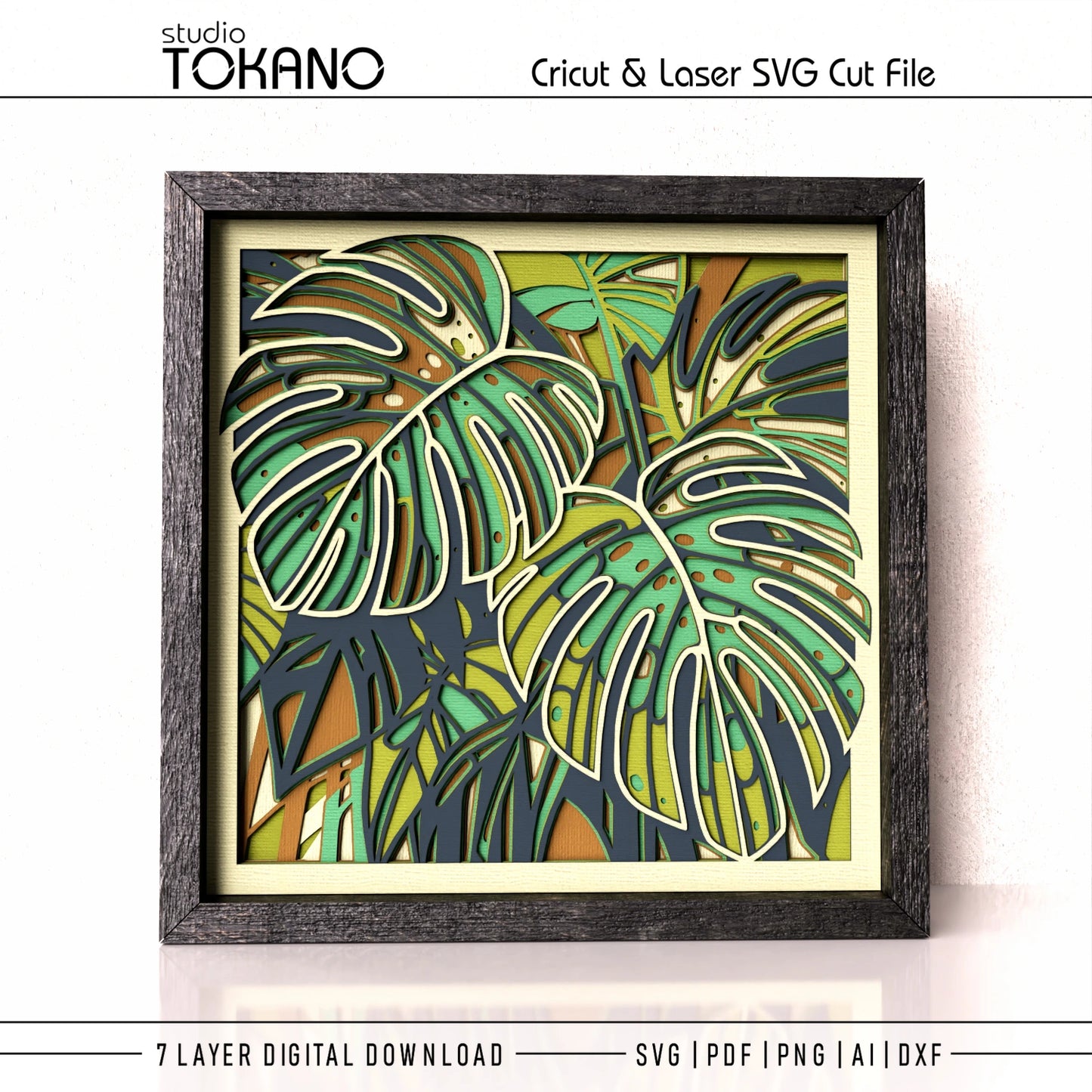 A framed tropicalmonstera  leaf cut file design featuring layered monstera leaves in green, yellow, and dark navy tones, presented as a digital SVG cut file product with text overlays.